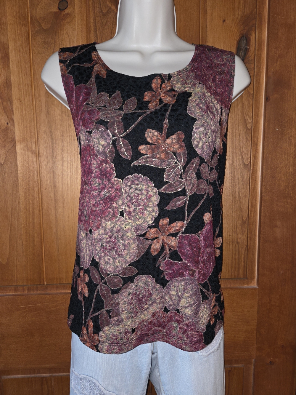 MSK Black Floral Tank Wine and Taupe And Gold Metallic Accents